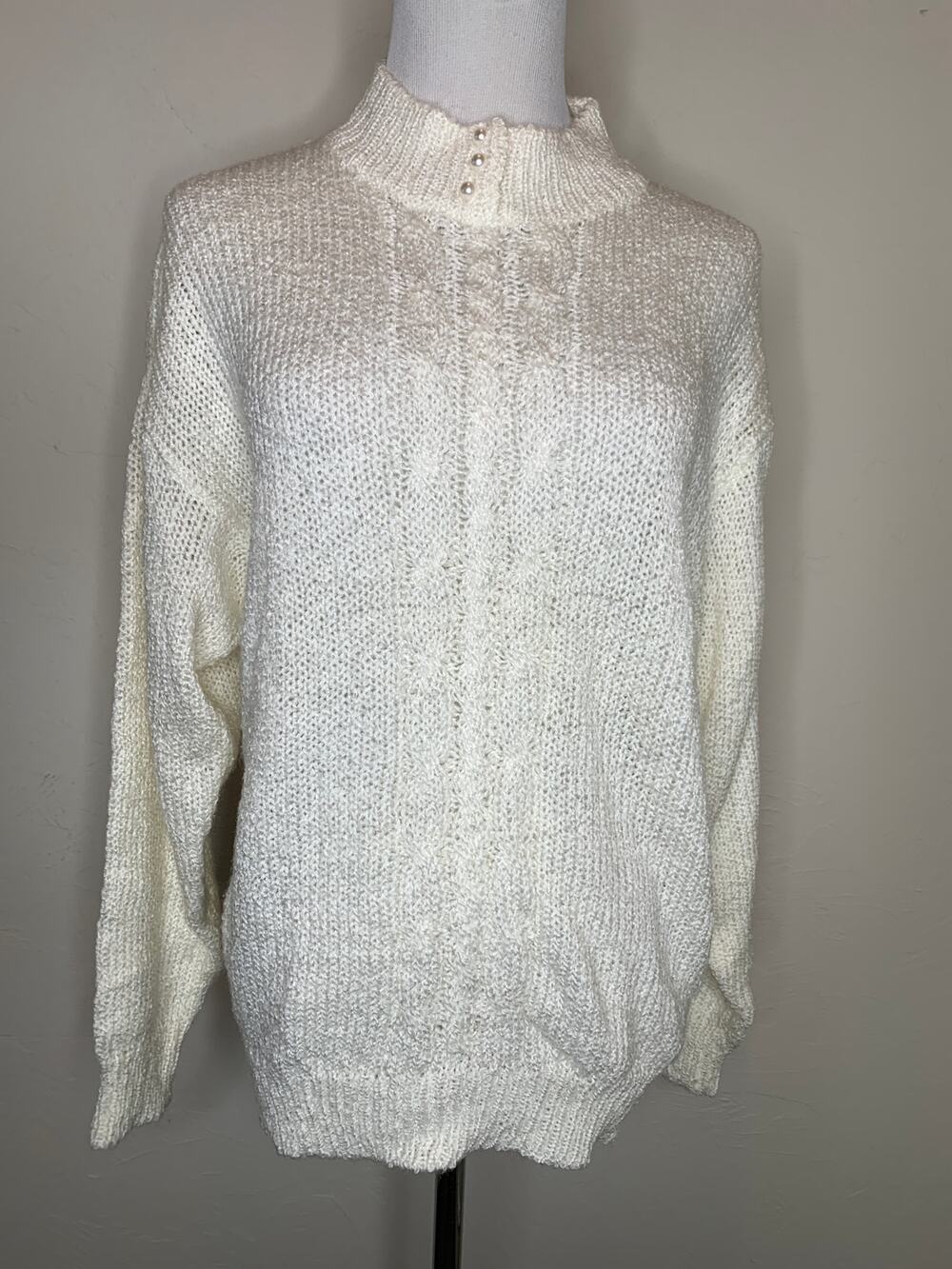Vintage Cream Mock Neck Cable Knit Sweater Size Medium